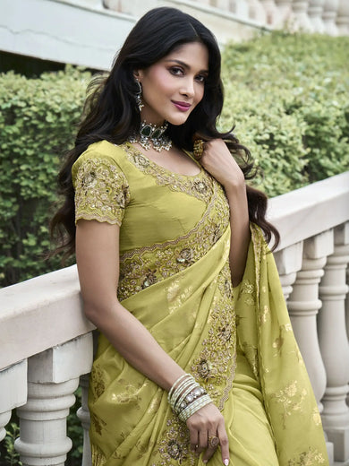 Lovely Olive Green Heavy Embroidery Organza Silk Function Wear Saree